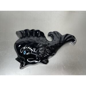 Vintage Fish Wall Pocket Black Ceramic Anthropomorphic Kitsch Hand Painted